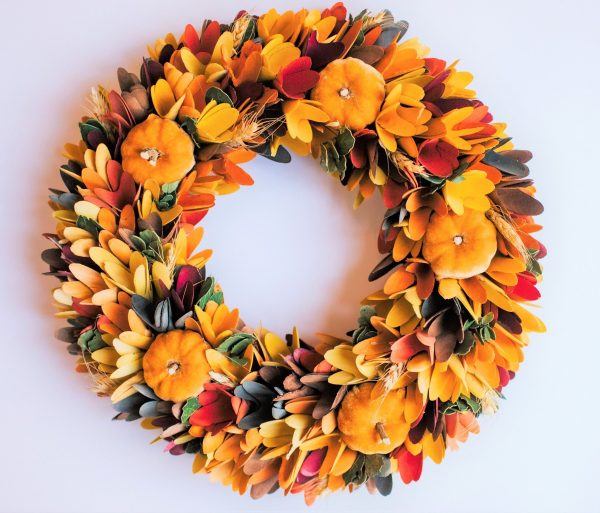 Autumn Door Wreath | Large Wooden Decorative Door Wreath | Felt Pumpkins and Barley | Harvest Style Door Garland | Autumnal Porch Décor